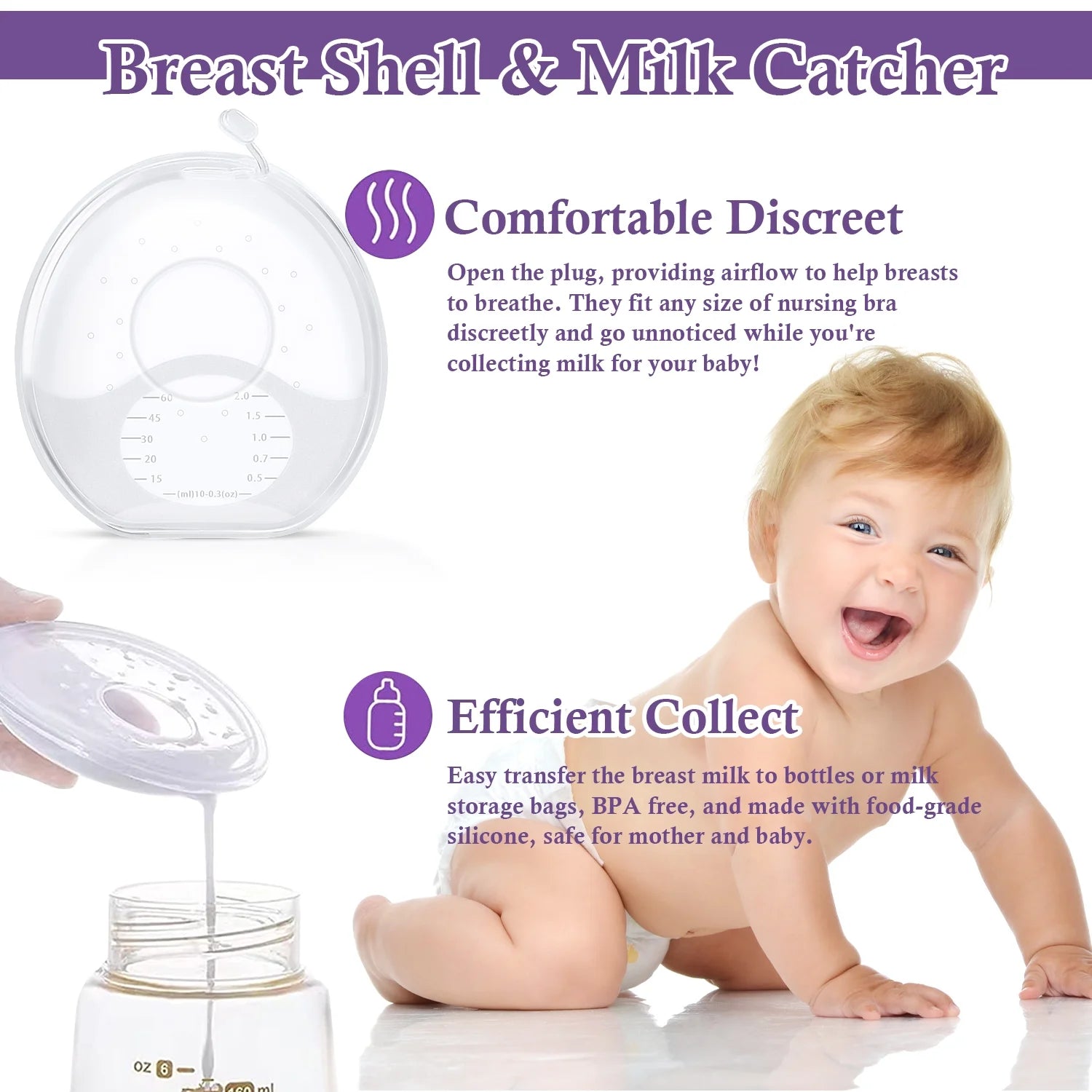 Milk Saver, Milk Catcher for Breastmilk, Breast Shell to Collect Leaking Breastmilk, Collector Cup for Nursing & Breastfeeding, Saves up to 2 Ounces of Leaking Liquid Gold, Silicone-Free