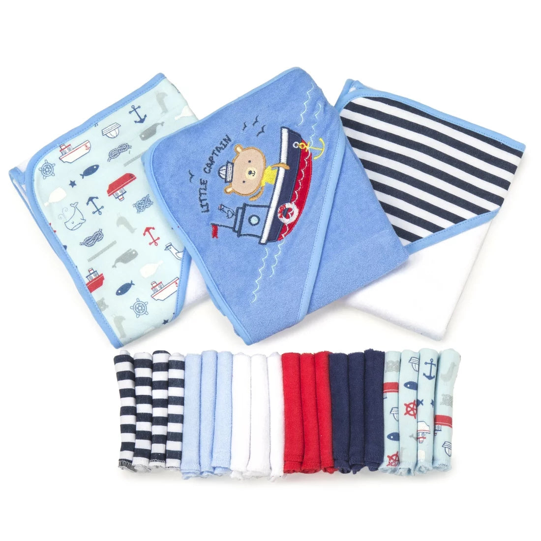 Bath Hooded Towels & Washcloths Set for Babies, 23-Piece Gift Set, Navy Nautical