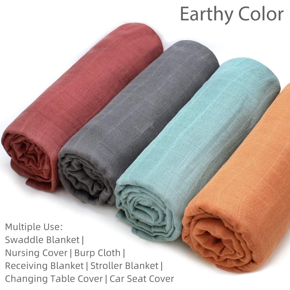 Muslin Swaddle Blankets, Soft Solid 4 Pack Baby Swaddle Blankets Muslin Receiving Blanket Wrap for Boys & Girls, Large 47 X 47 Inches, Earthy Rust Color Baby Swaddling