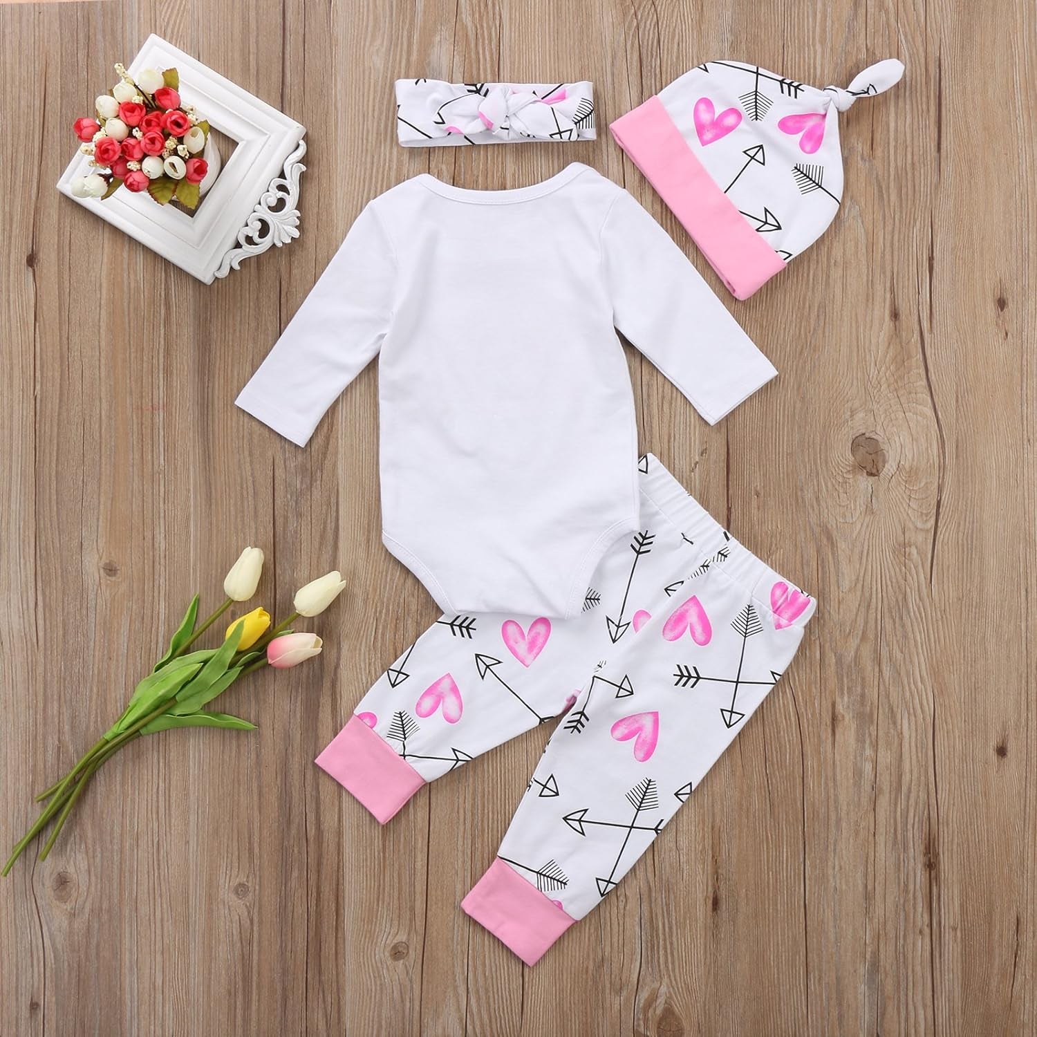 4 Pcs Baby Girls Pants Set Newborn Infant Toddler Letter Romper Arrow Heart Pants Hats Headband Clothes Pink