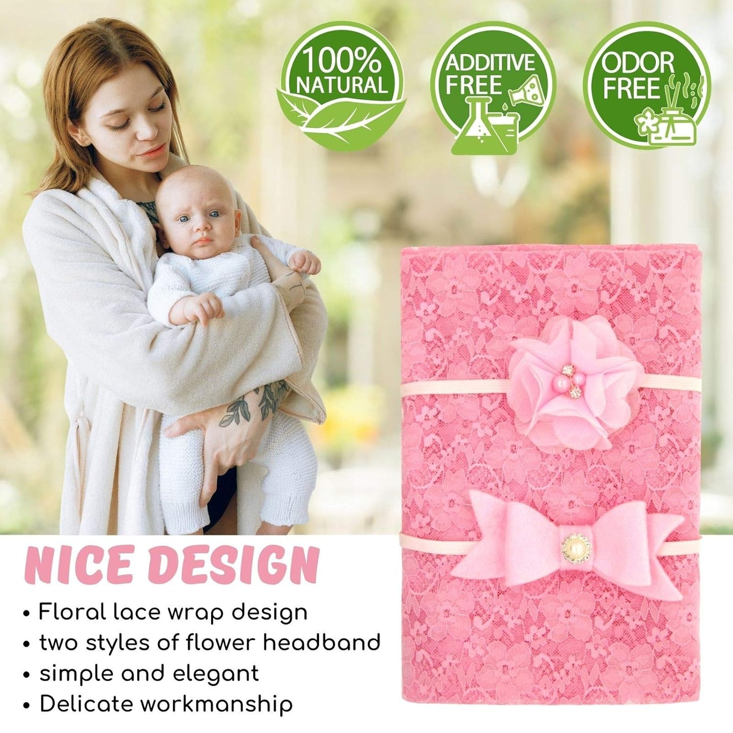 Baby Photo Props Lace Wrap with 2 Pcs Headbands Set, Professional Newborn Photography Props Floral Long Ripple Wrap (Pink)