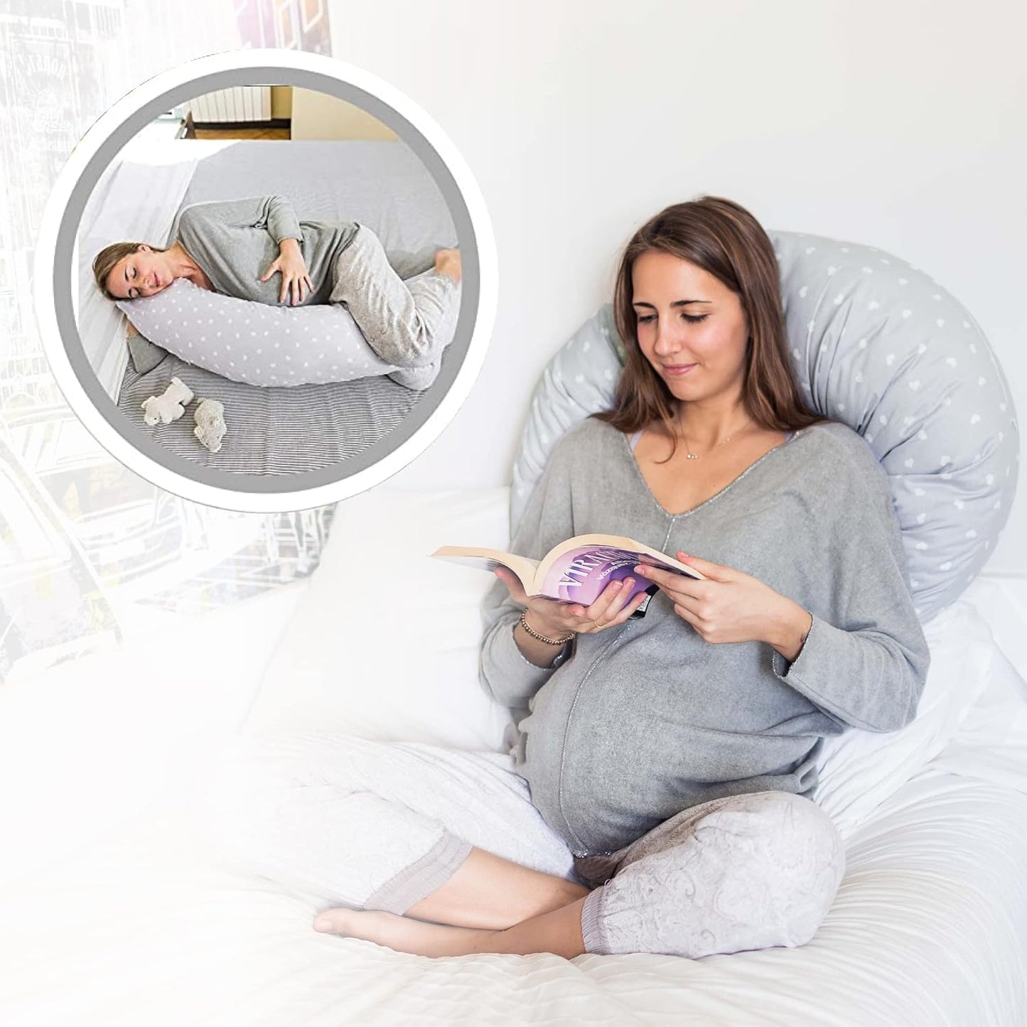 ® Pregnancy Pillow - Full Body Support Maternity Pillow for Sleeping – Providing Support for Adults and Pregnant Women Back, HIPS, Legs & Belly - Removable 100% Cotton Cover (Gray Hearts)