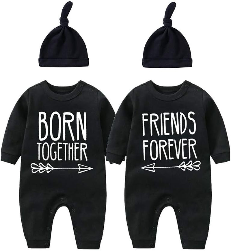 Baby Twins Bodysuit with Hat Born Together Friend Forever Baby Boy Clothes Toddler Girl Clothes