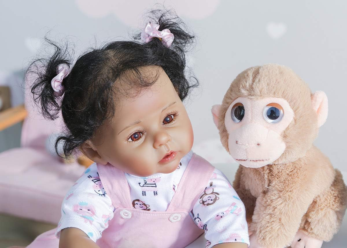 Black Reborn Baby Doll Girl 22 Inch Realistic Reborn Toddlers Dolls Lifelike Newborn Girl Dolls with Monkey Toys Best Gifts for Kids Ages 3+