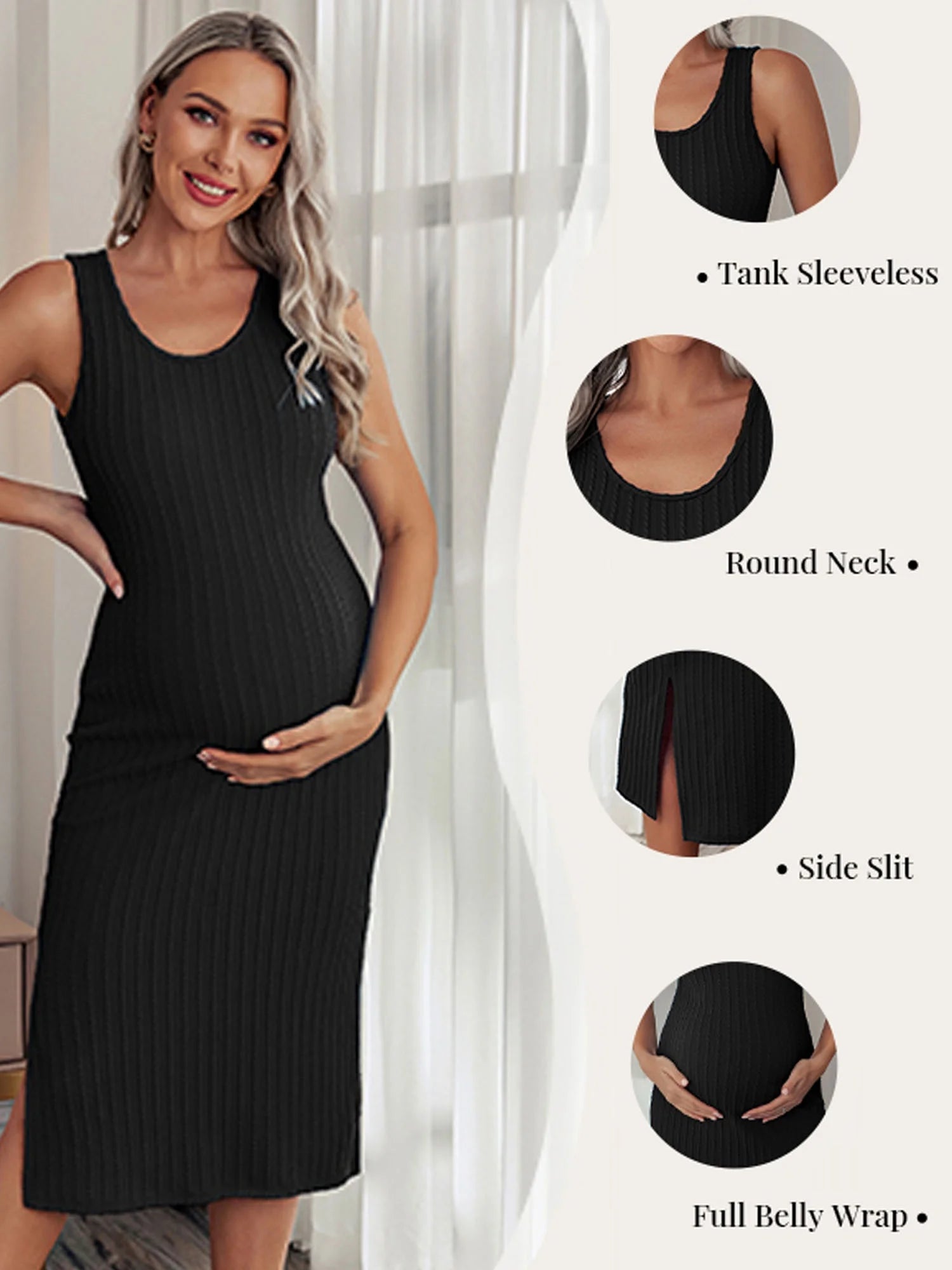 Women Maternity Dress for Baby Shower Rib Knit Black Bodycon Dress Sleeveless Tank Maternity Dress Casual Pregnancy Outfits for Photoshoot