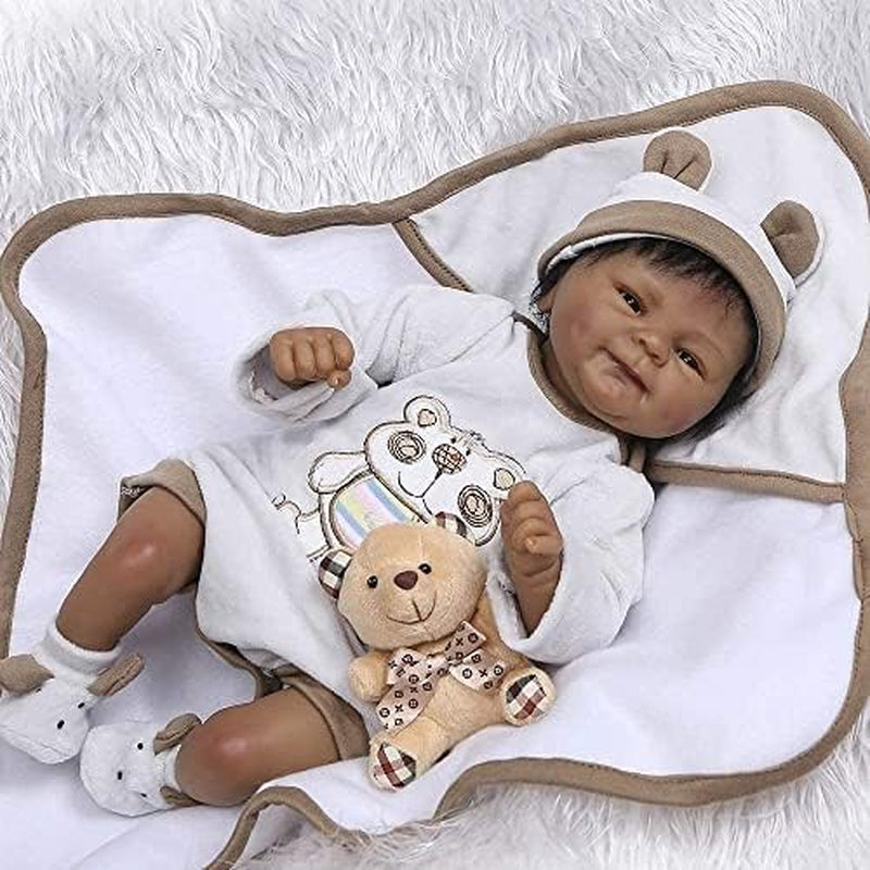 Realistic Newborn Baby Doll Silicone Baby African American 18 Inch Lifelike Reborn Baby Dolls Biracial Handmade Weighted Body Real Looking Black Toddler Boys Birthday Gifts with Accessories