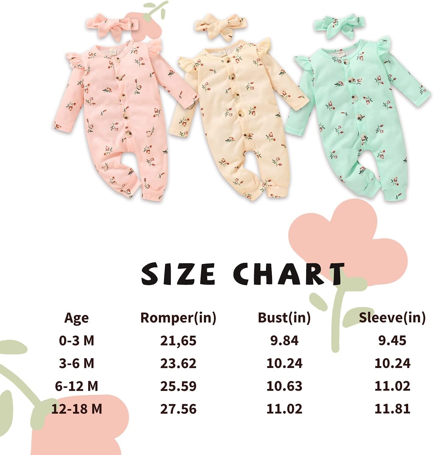 Baby Girl Romper Long Sleeve Jumpsuit Ruffle Bodysuit Newborn Girls Fall Clothes Toddler Floral Outfits with Headband