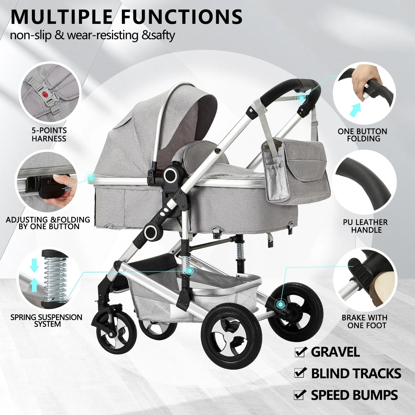 2 in 1 Convertible Baby Stroller, Unisex Folding Infant Newborn Bassinet Pram, Light Grey