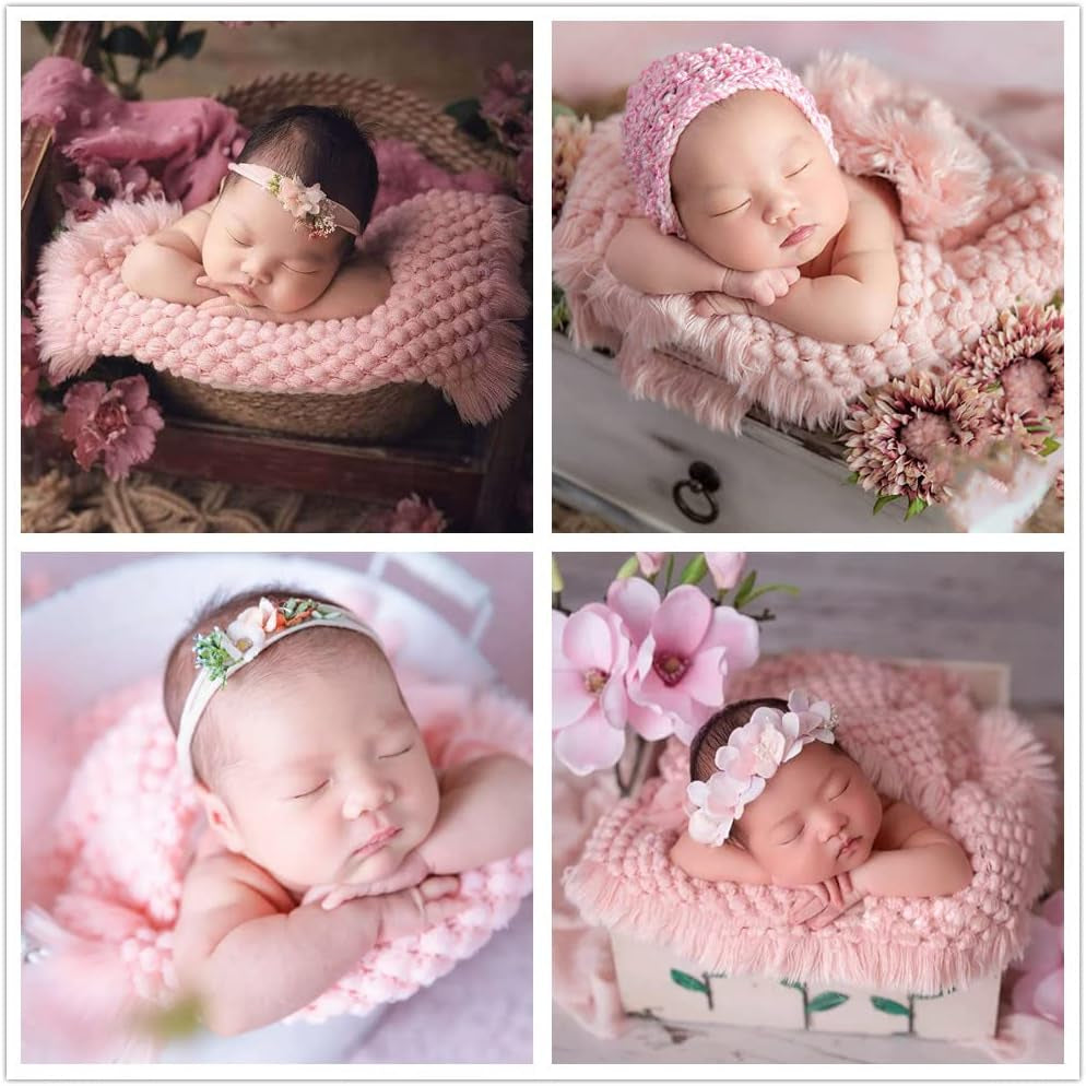 Baby Photography Props Basket Braid Wool Wrap Newborn Photo Shoot Baskets Filler Posing Stuffer Background Blanket (Pink)