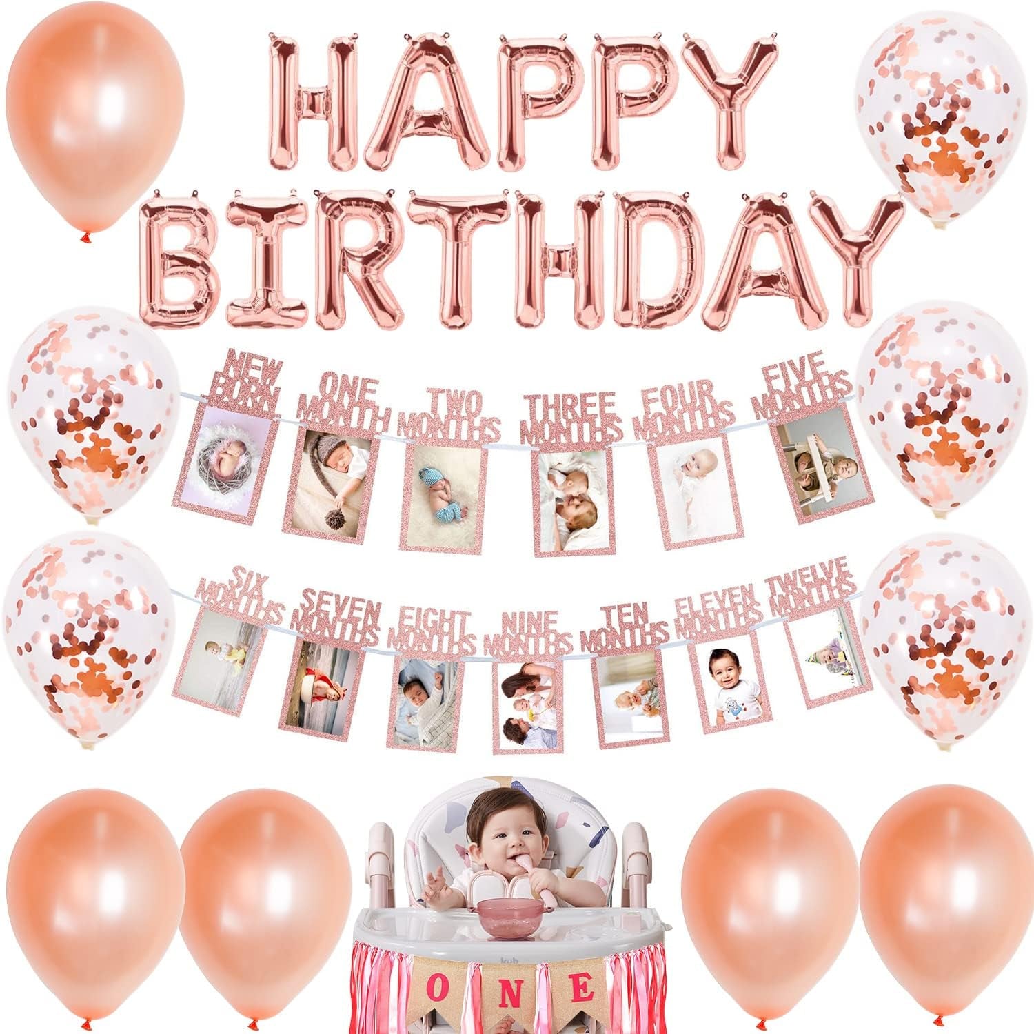 12 Months Photo Banner, 1St Birthday Photo Banner, First Birthday Banner Decorations for Newborn to 12 Months, High Chair Decorations for 1St Birthday Girl