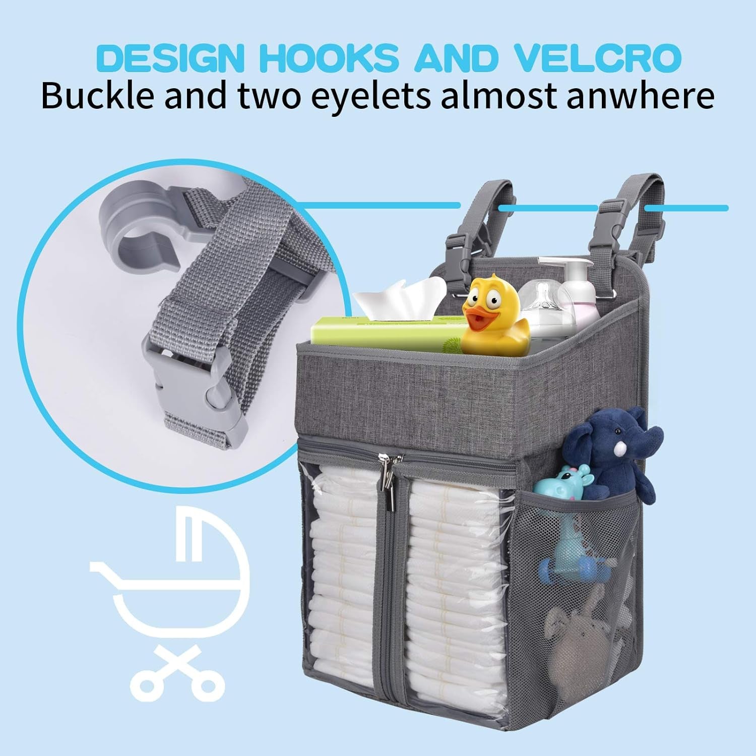 Hanging Diaper Organizer,Baby Diaper Organizer Is Suitable for Hanging on Diaper Table, Nursery, and All Cribs. Baby Supplies Storage Diaper Rack, Diaper Stacker.Gray