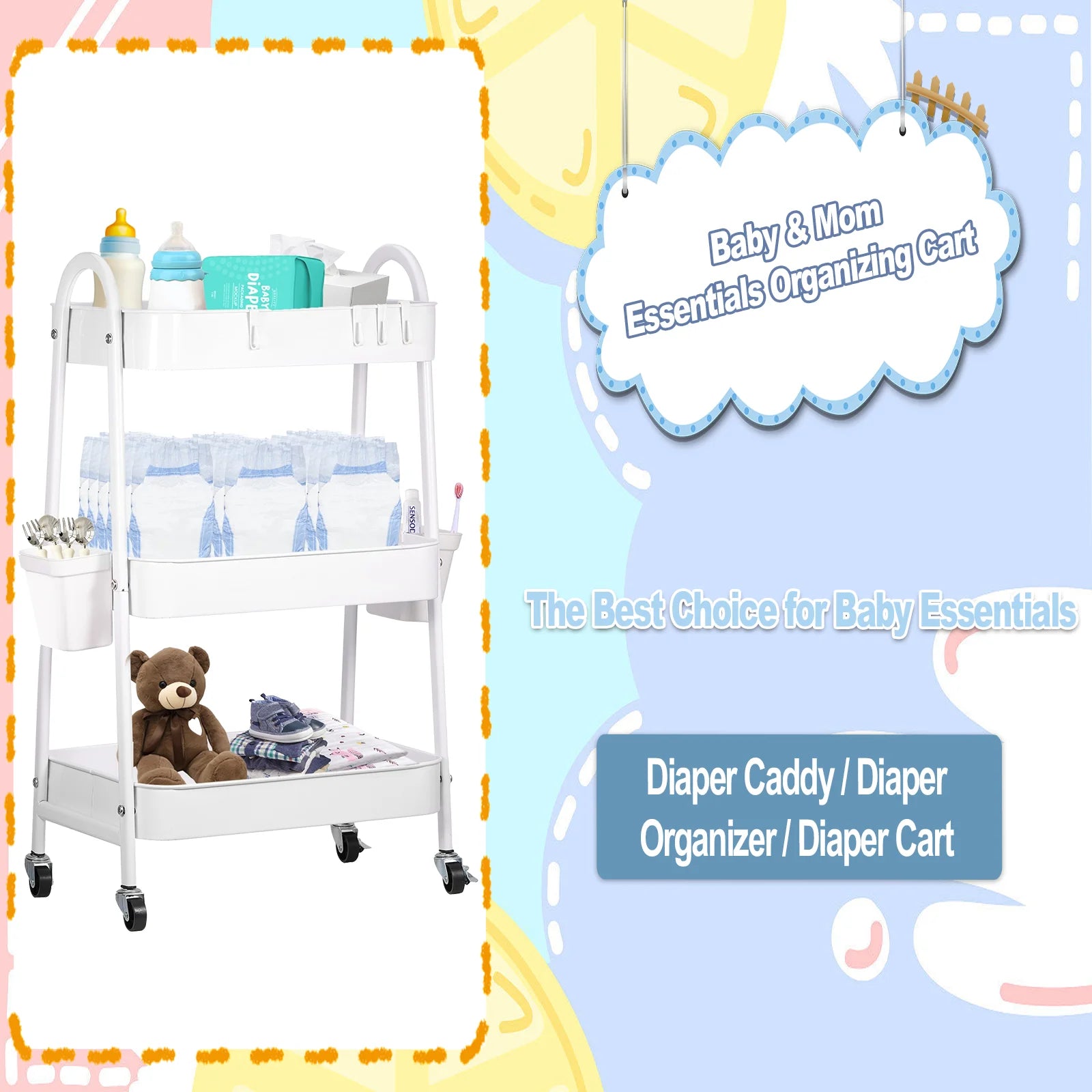 Baby Diaper Caddy Cart Metal Nursery Storage Organizer 3-Tier Rolling Cart Organizer for Diapers and Baby Wipes Newborn Essentials Storage Cart (White)