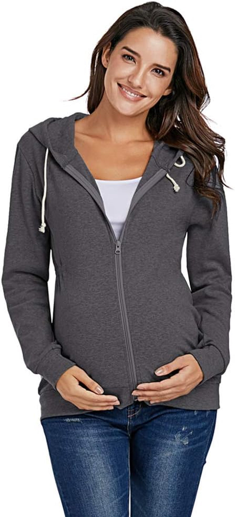 Maternity Zip up Hoodie Long Sleeve Cinched-Waist Sweatshirt Maternity Jackets for Women(Charcoal,L)