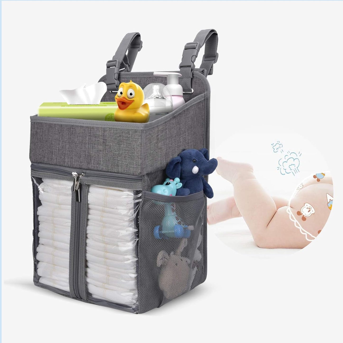 Hanging Diaper Organizer,Baby Diaper Organizer Is Suitable for Hanging on Diaper Table, Nursery, and All Cribs. Baby Supplies Storage Diaper Rack, Diaper Stacker.Gray