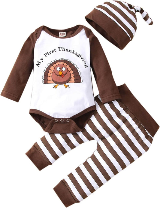 Newborn Infant Baby Boy Girl Thanksgiving Outfits My First Thanksgiving Romper Bodysuits Striped Turkey Pants Clothes Set