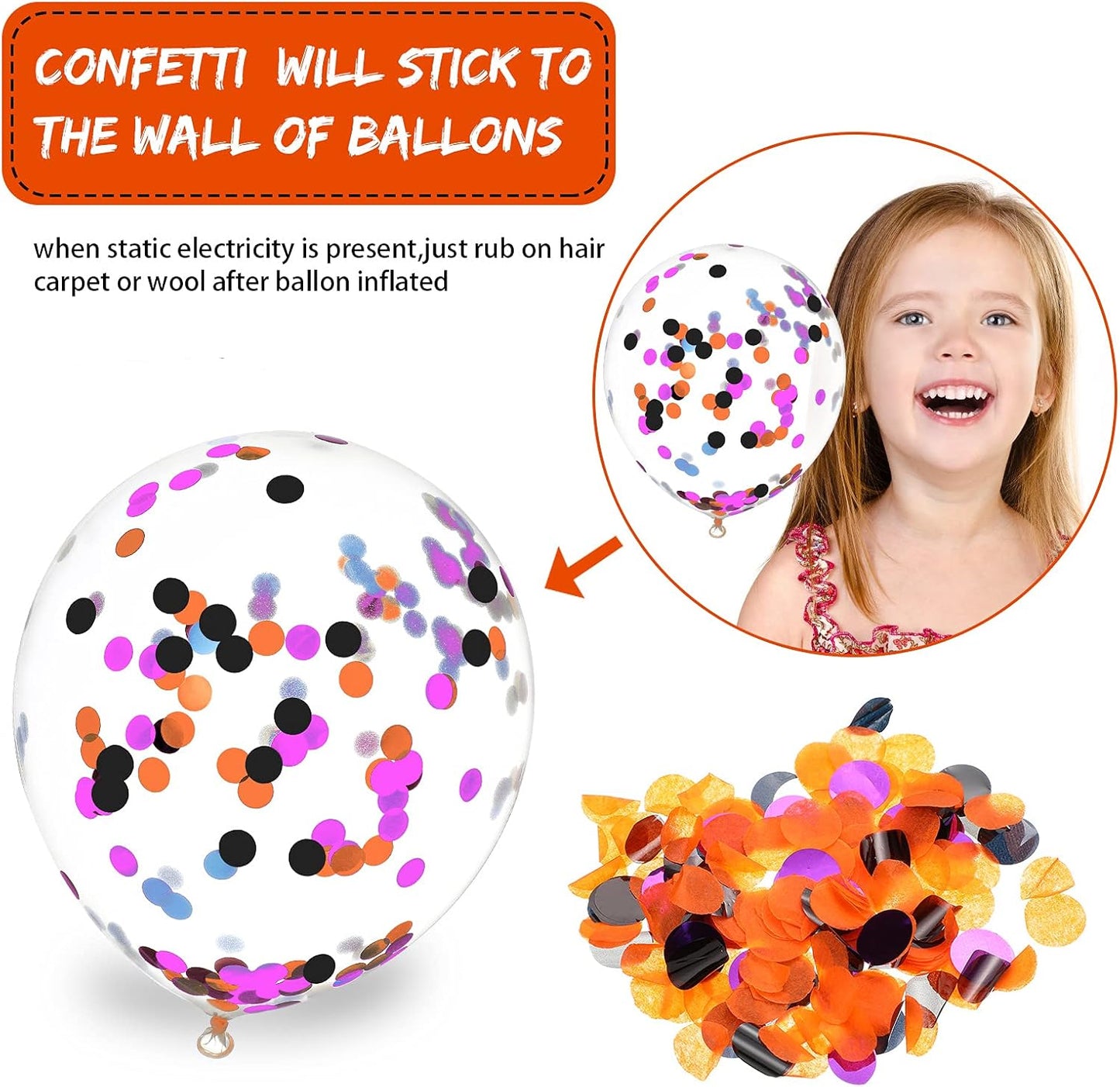 60 PCS 12 Inch Confetti Balloon Latex Balloons with Ribbon for Birthday Decoration Supplies (Orange, Purple, Black)