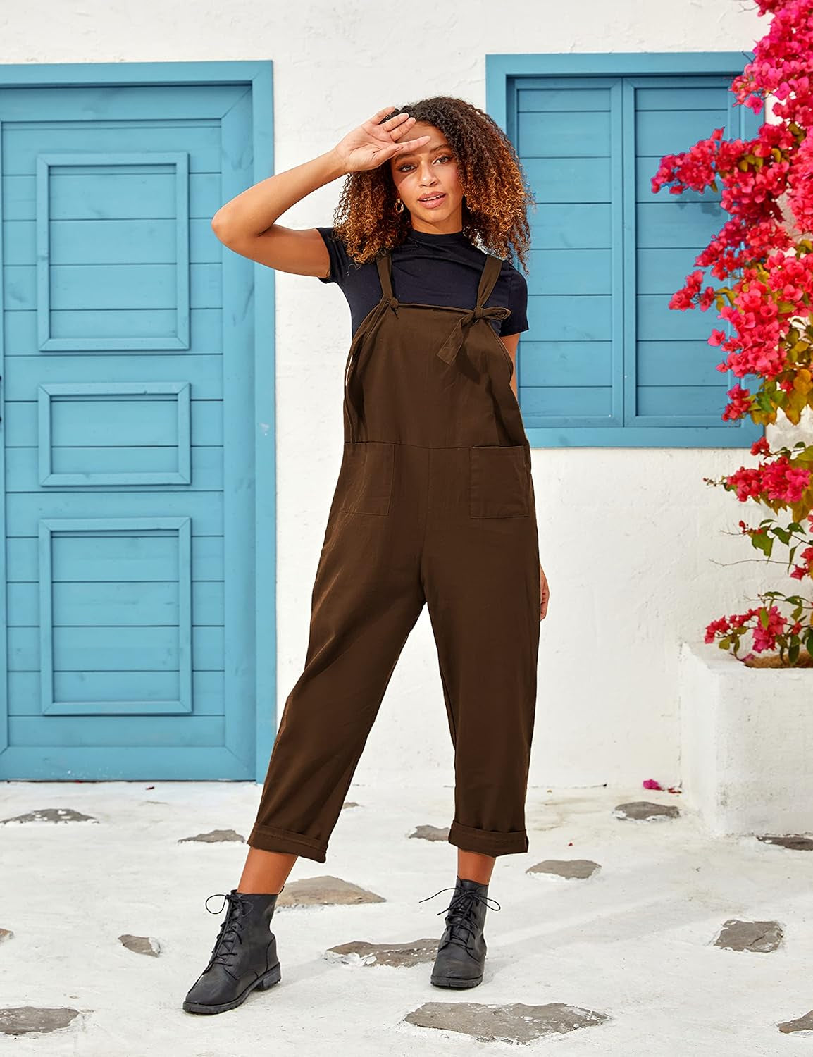 Women'S Linen Wide Leg Jumpsuit Rompers Overalls Harem Pants plus Size (Medium, Style12Coffee)