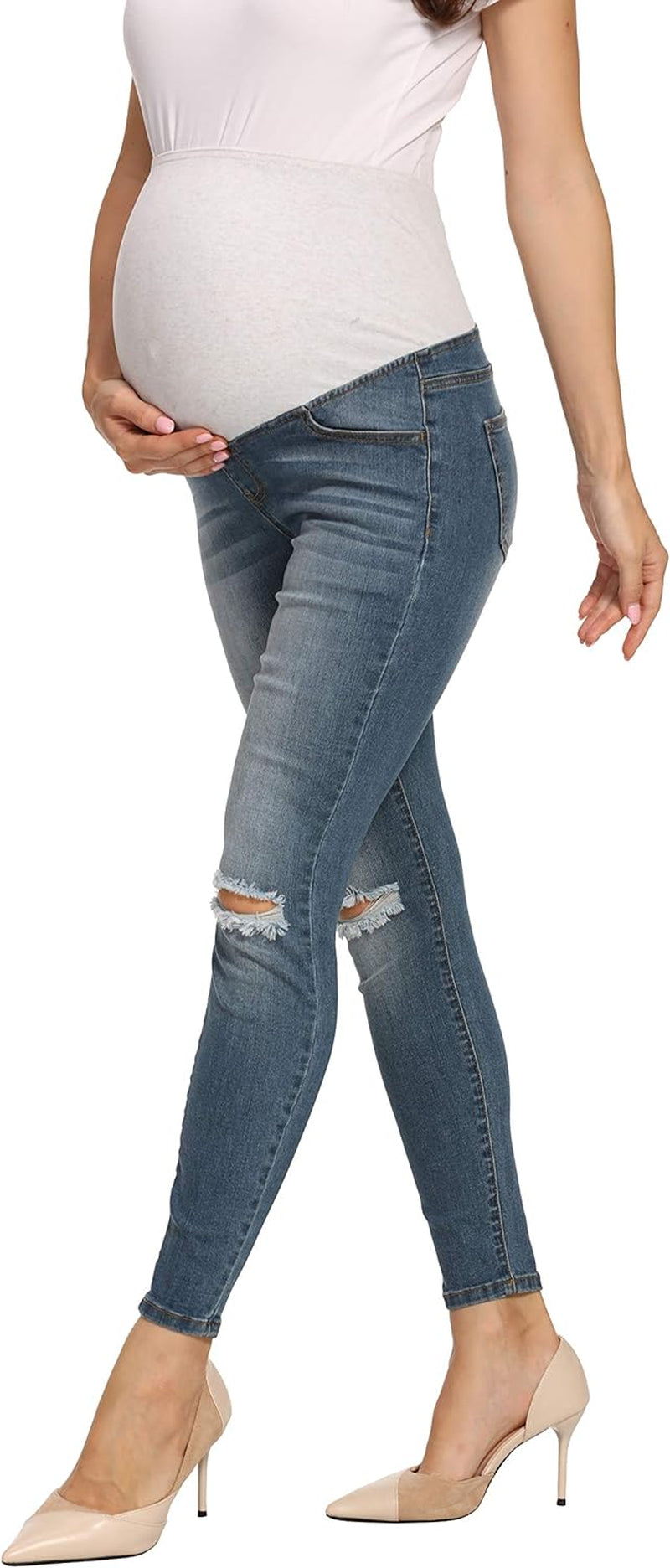 Maternity Overbump Mom Skinny Jeans Ripped Knees Holes Slim Pregnancy Jean Indigo Blue Medium