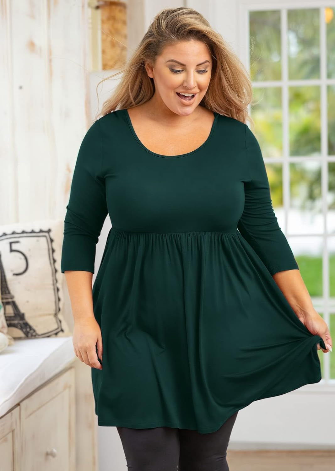 Plus Size Tunic for Women 3/4 Sleeve Dark Green Large Crewneck Tops Christmas Clothing Flowy Blouse Babydoll Summer Fall Winter Maternity Shirts