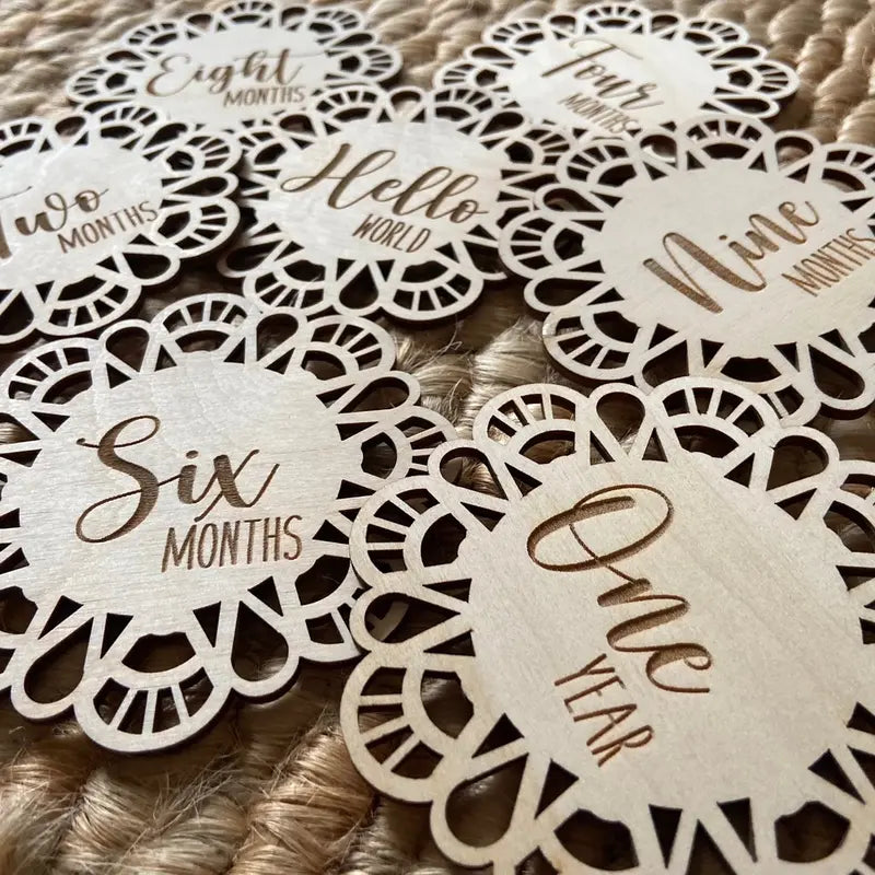 Sixteen Baby Milestones - Scalloped Lace Doily Look Plaques for Month 1-12 and Weeks 1-3