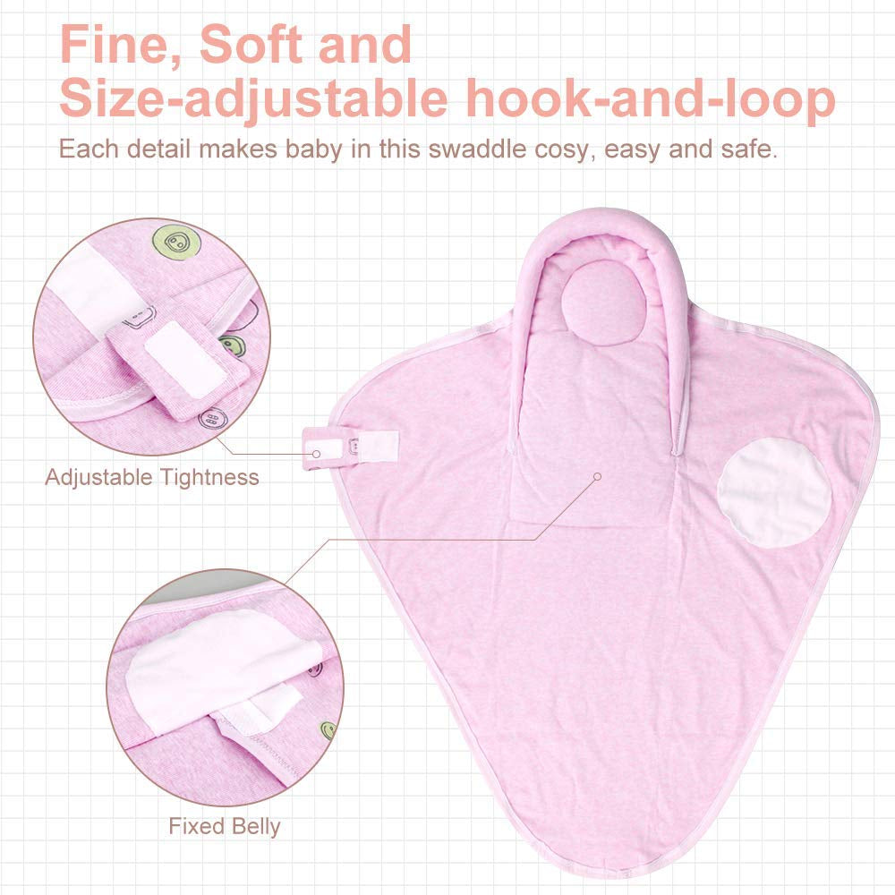 Swaddle Blankets, Unisex Infant Wrap for Newborn Baby Boys Girls with Head-Protecting & Head-Supporting Function, Made of Combed Cotton (Button, Pink, 0-3 Months)