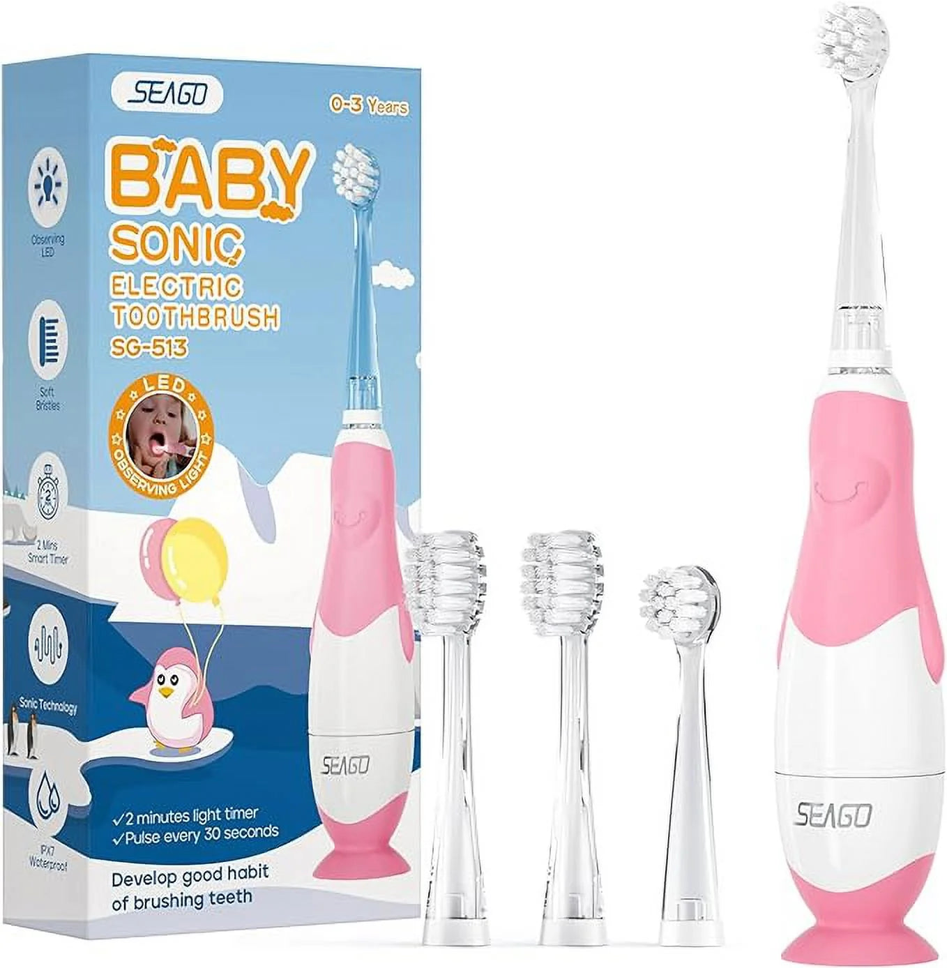 Baby Electric Toothbrush for Toddlers from 0 to 3 Years Old,  Toothbrush with LED Light Brush Intelligent Timer Waterproof Ipx7，Baby Gift (513Pink)……