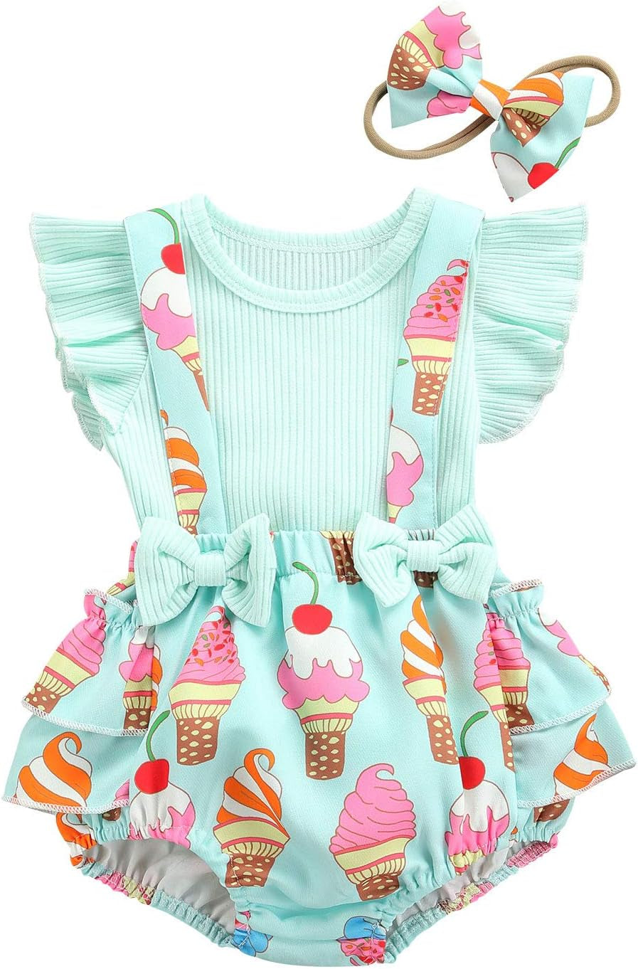 Newborn Baby Girl Floral Clothes Ruffle Flying Sleeve Ribbed Tops+Suspender Shorts+Headband Summer Outfits
