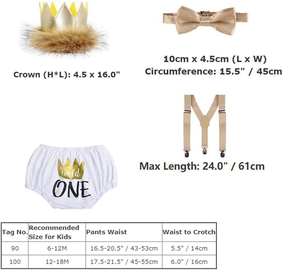 Baby Boys First 1St Birthday Cake Smash Outfit Wild ONE Diaper Cover + Suspenders + Bowtie + Headband for Photo Props