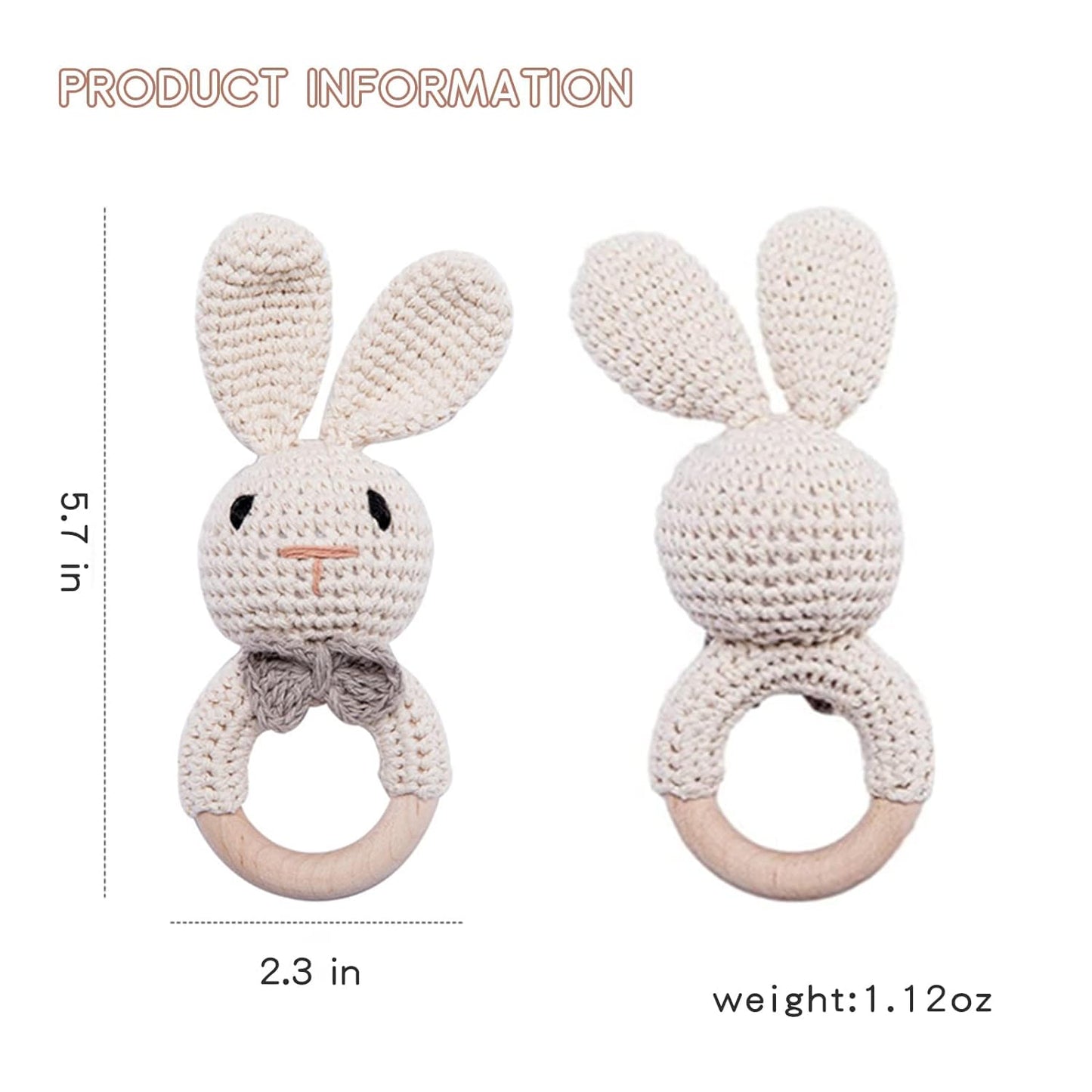 Wooden Baby Rattle Toys, Easter Bunny Rattle for Baby Crochet Bunny Rattle Toy Natural Wood, Shaker Rattle for Hand Grips, Boy Girl First Rattle Gift, Newborn Gifts (Bunny)