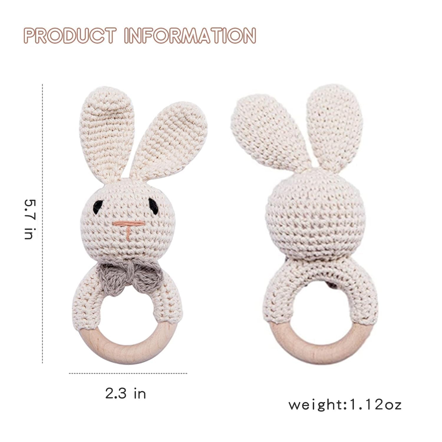 Wooden Baby Rattle Toys, Easter Bunny Rattle for Baby Crochet Bunny Rattle Toy Natural Wood, Shaker Rattle for Hand Grips, Boy Girl First Rattle Gift, Newborn Gifts (Bunny)