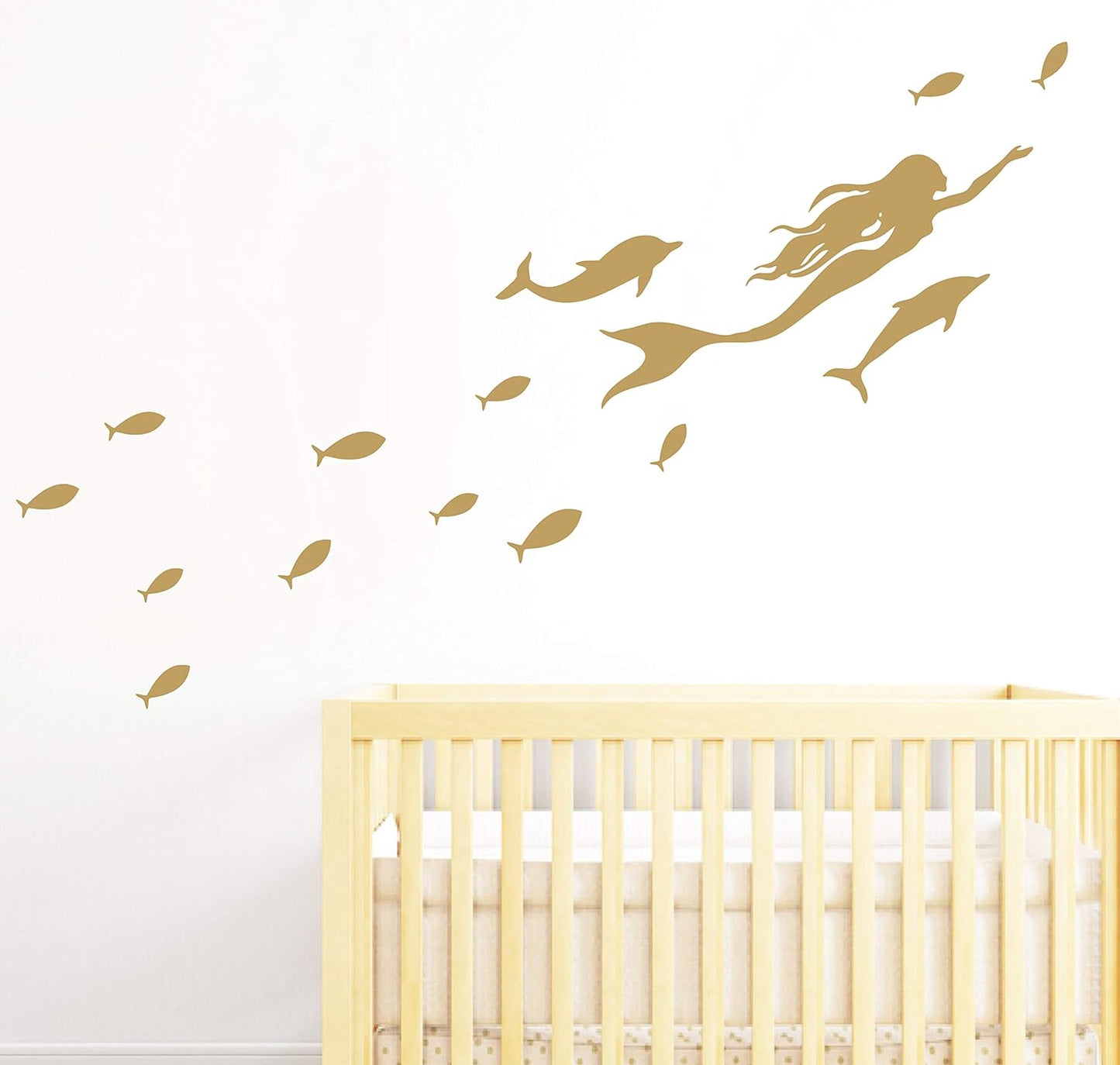 Mermaid Wall Decals, Fish Wall Stickers, Nautical Sea Ocean Dolphin Decal, Vinyl Sticker for Bathroom, Nursery Decor, Home Decor Art Mural A56 (Gold)