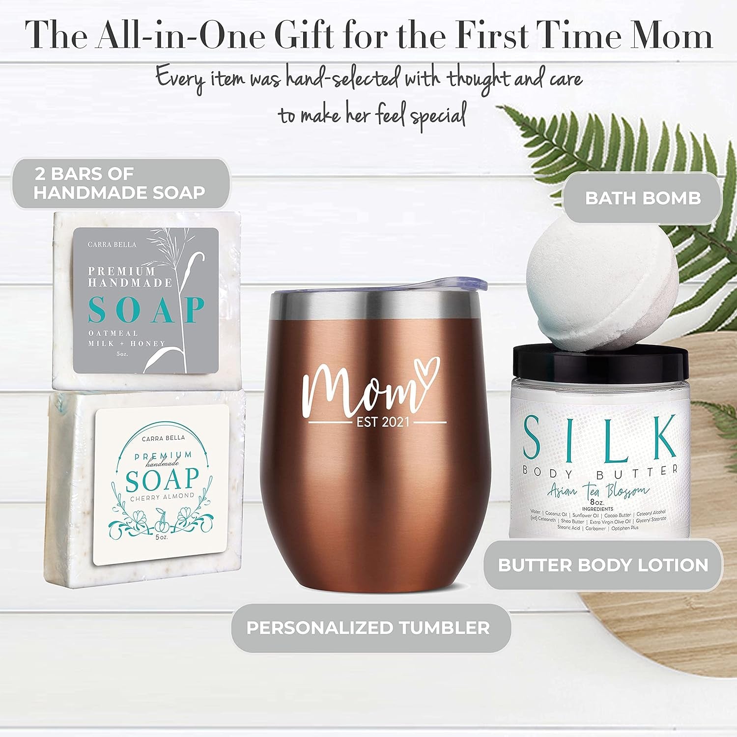 Pregnancy Gifts for First Time Moms - Mom Est. 2021 Spa Bath Box Set W/ Rose Gold Tumbler - New Mom Gift Basket for New Mom - Expecting New Mom Essentials - Pregnancy Must Haves for First Time Moms -