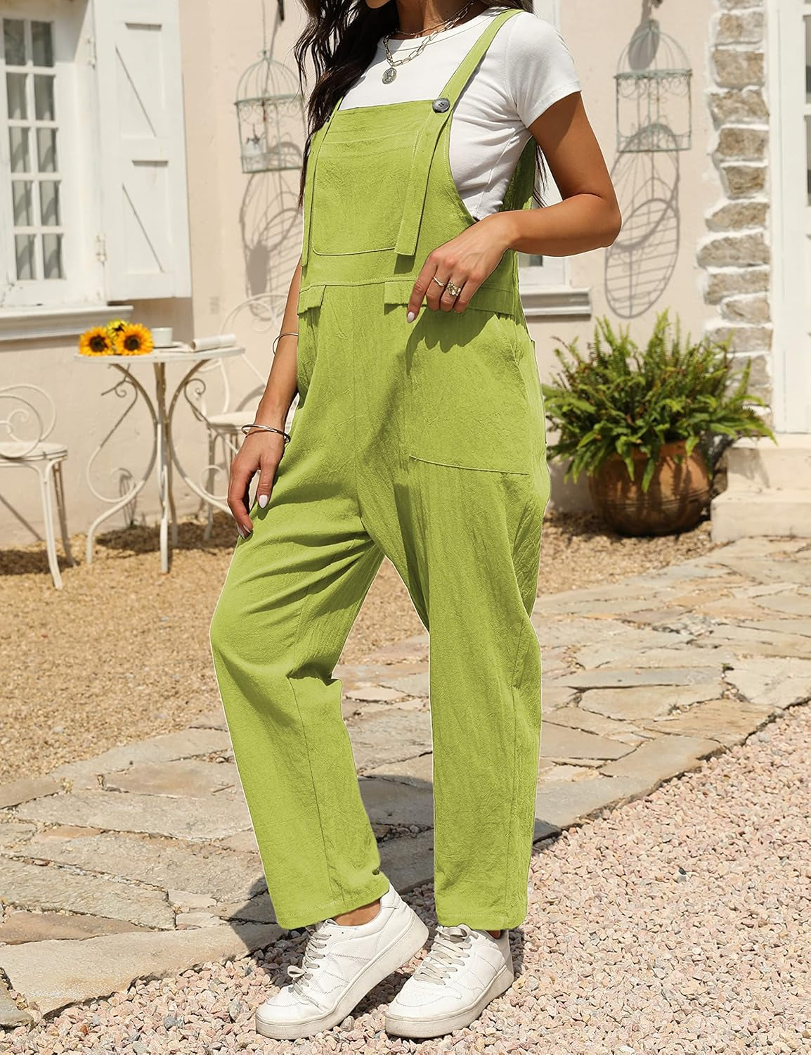 Women'S Loose Baggy Linen Cotton Summer Overalls Jumpsuits Harem Pants(Lightgreen-L)