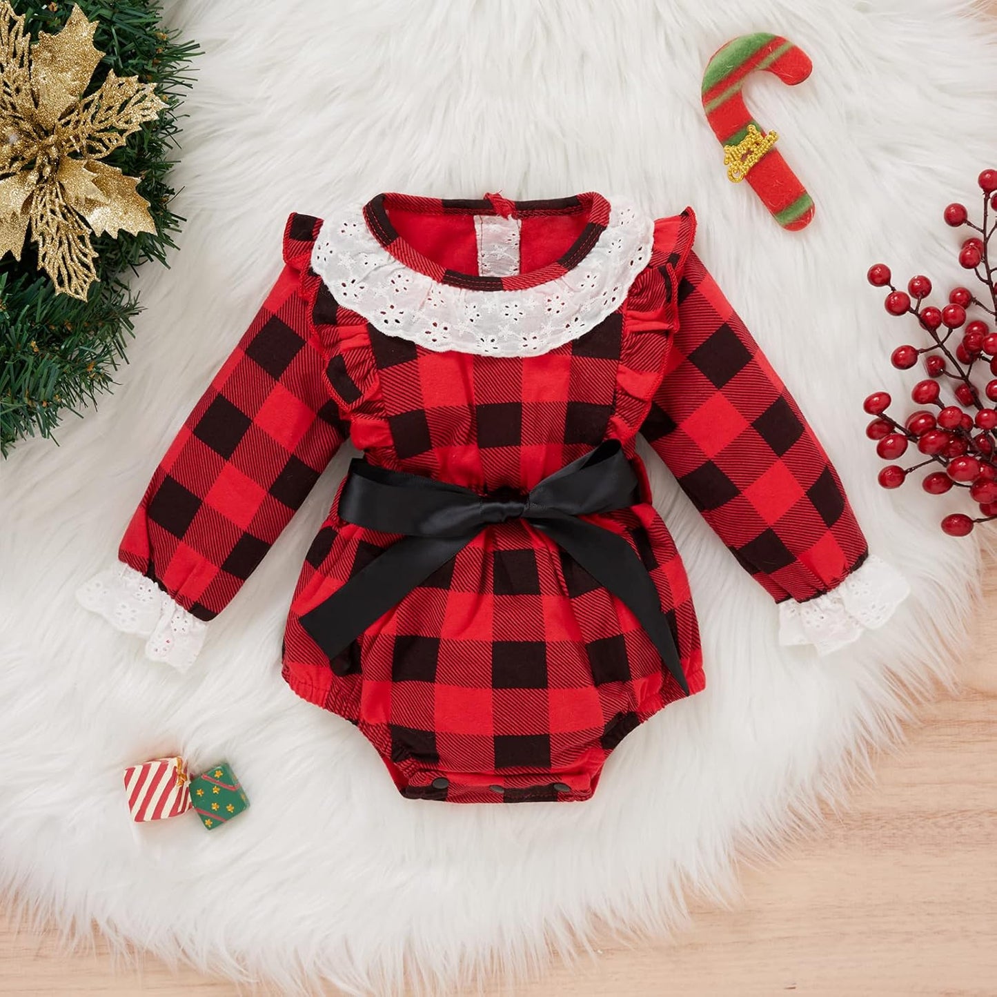 Newborn Christmas Bodysuits Baby Girl Long Sleeve Romper Toddler Santa Claus Outfits Christmas Hat Set