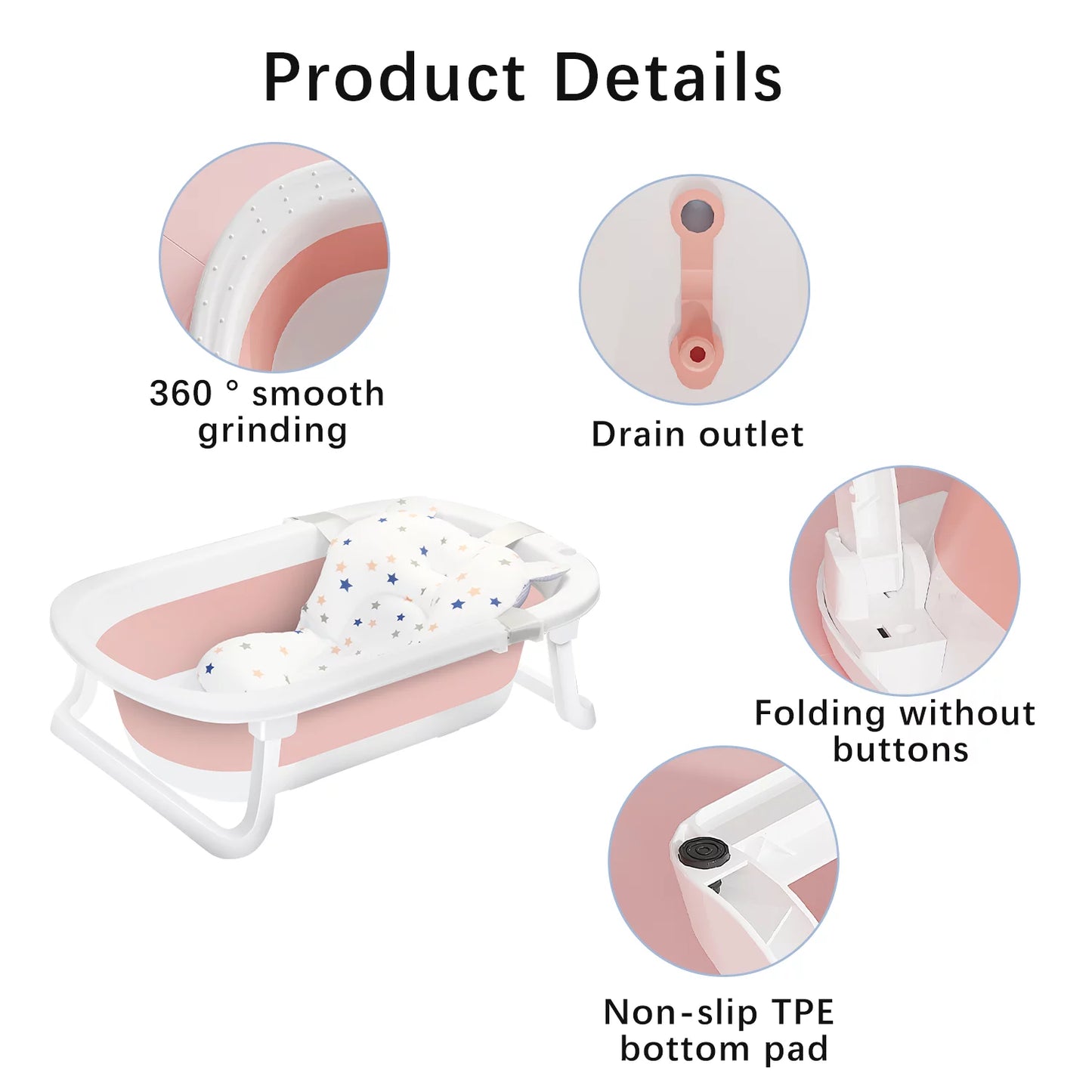 Newborn Baby Bath Tub with Drain Hole, Foldable Toddler Bathtub with Soft Cushion Pad, Portable Travel Bathtub Built in Anti-Slip Support for Newborn 0-36 Month Pink