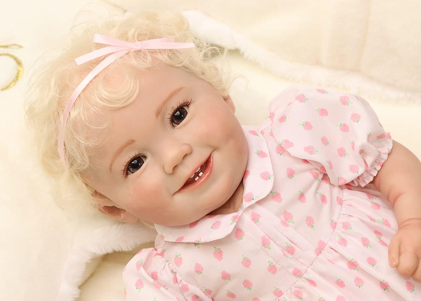 Reborn Baby Dolls Girl 18" Cute Realistic Soft Vinyl Dolls Newborn Baby, Smiling Dolls with Opened Eyes Blonde Curly Hair