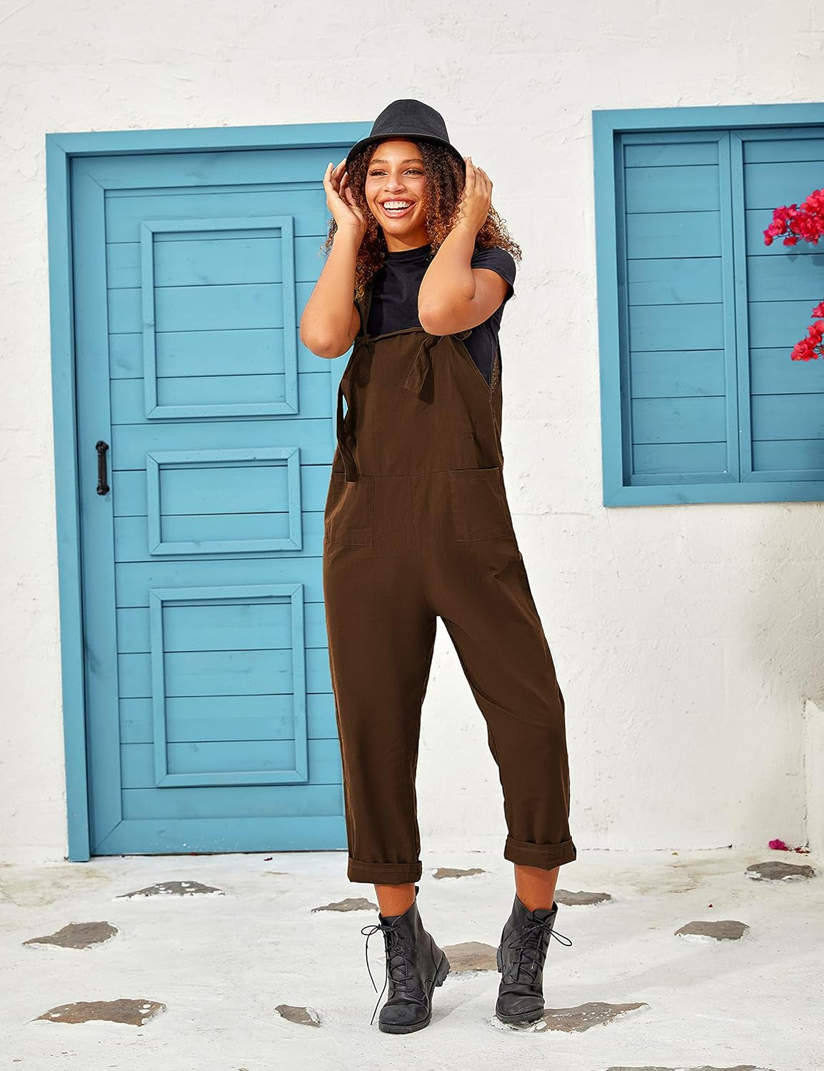 Women'S Linen Wide Leg Jumpsuit Rompers Overalls Harem Pants plus Size (Medium, Style12Coffee)