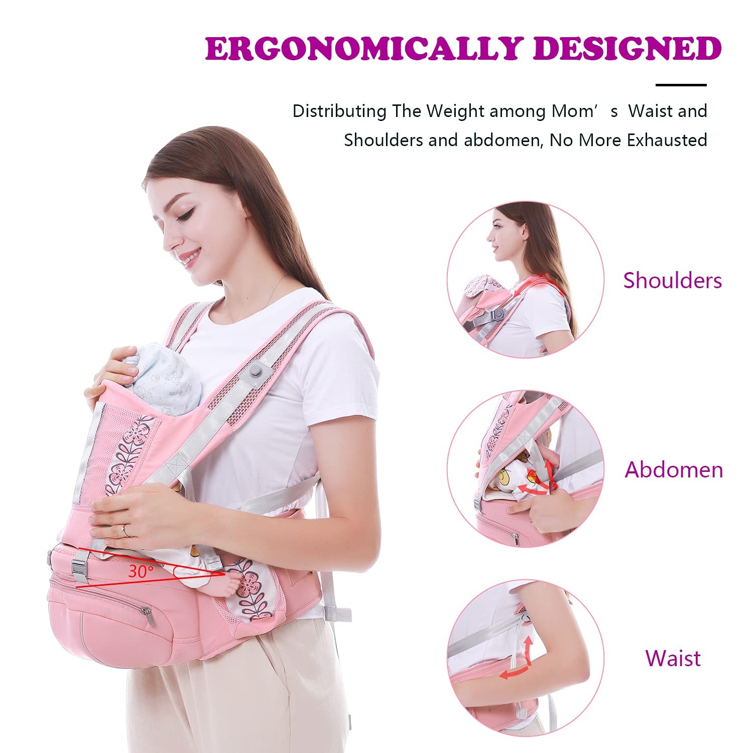 Yuleyard Baby Carrier with Hip Seat, Baby Carrier Newborn to Toddler with Lumbar Support Child 7-33 Lbs and Cool Air Mesh, Safety Comfort Baby Holder Carrier (Pink)