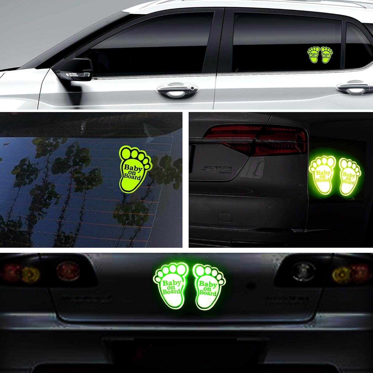 KE-KE 2PCS High Intensity Reflective Safety Sign Baby on Board in Car Feet Decals Sticker for Car Bumper Window in All Weathers (Fluorescent Green)