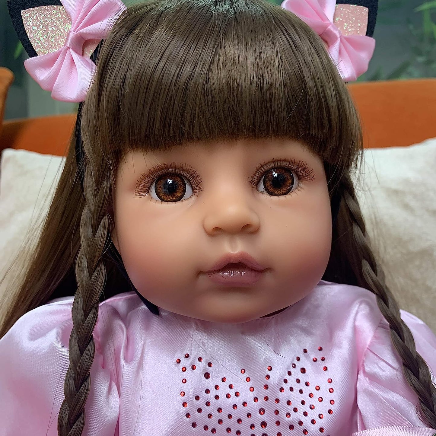 Lifelike Reborn Baby Doll Black Girl Doll Realistic Newborn Babies Full Body Vinyl Silicone 22 Inch Reborn Toddler Dolls with Pink Dress Anatomically Correct