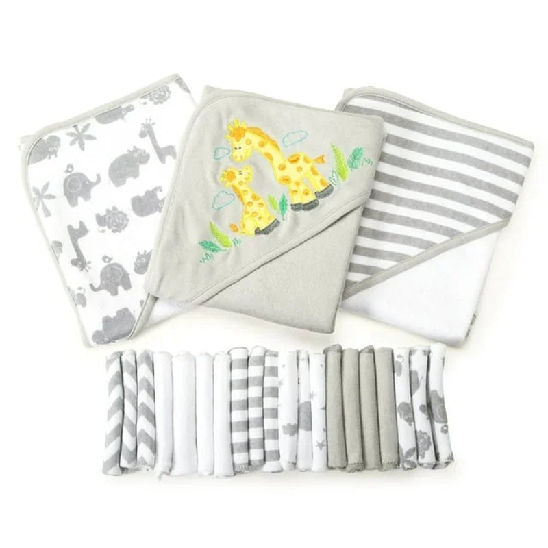 Bath Hooded Towels & Washcloths Set for Babies, 23-Piece Gift Set, Gray Giraffe