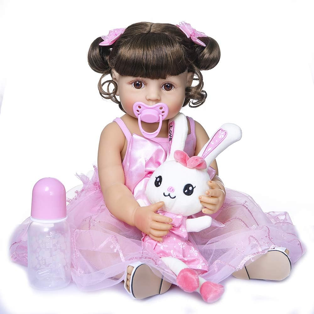 Reborn Baby Doll 22 Inch Silicone Full Body Vinyl Baby Girl Reborn Toddler Dolls Life Size Baby Dolls Big Eyes Long Hair with Pink Clothes for Kids Birthdays Gifts Toy