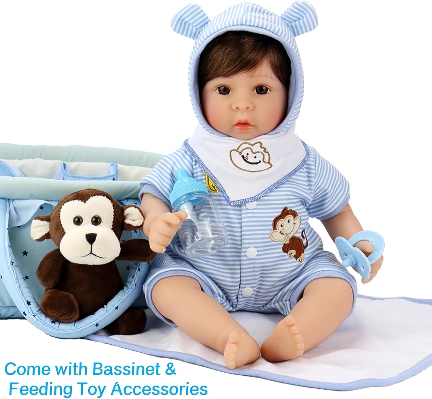 Lifelike Reborn Baby Dolls Blue Bassinet 18 Inch Realistic Newborn Boy Doll with Weighted Soft Body with 8 Piece Monkey Toy Carrier Bed Set