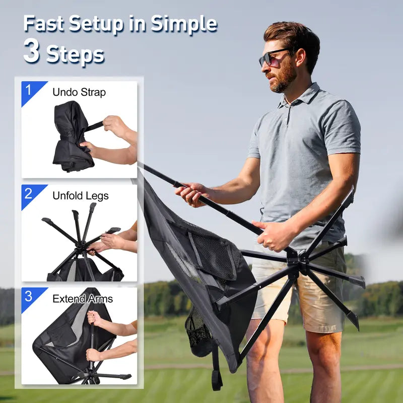 Summer Portable Swivel Adult Camping Chair, Quick Setup, Lightweight Compact Folding Chair with Cup Holder, Side Pockets and Carrying Bag - Weight Capacity 330 LBS.