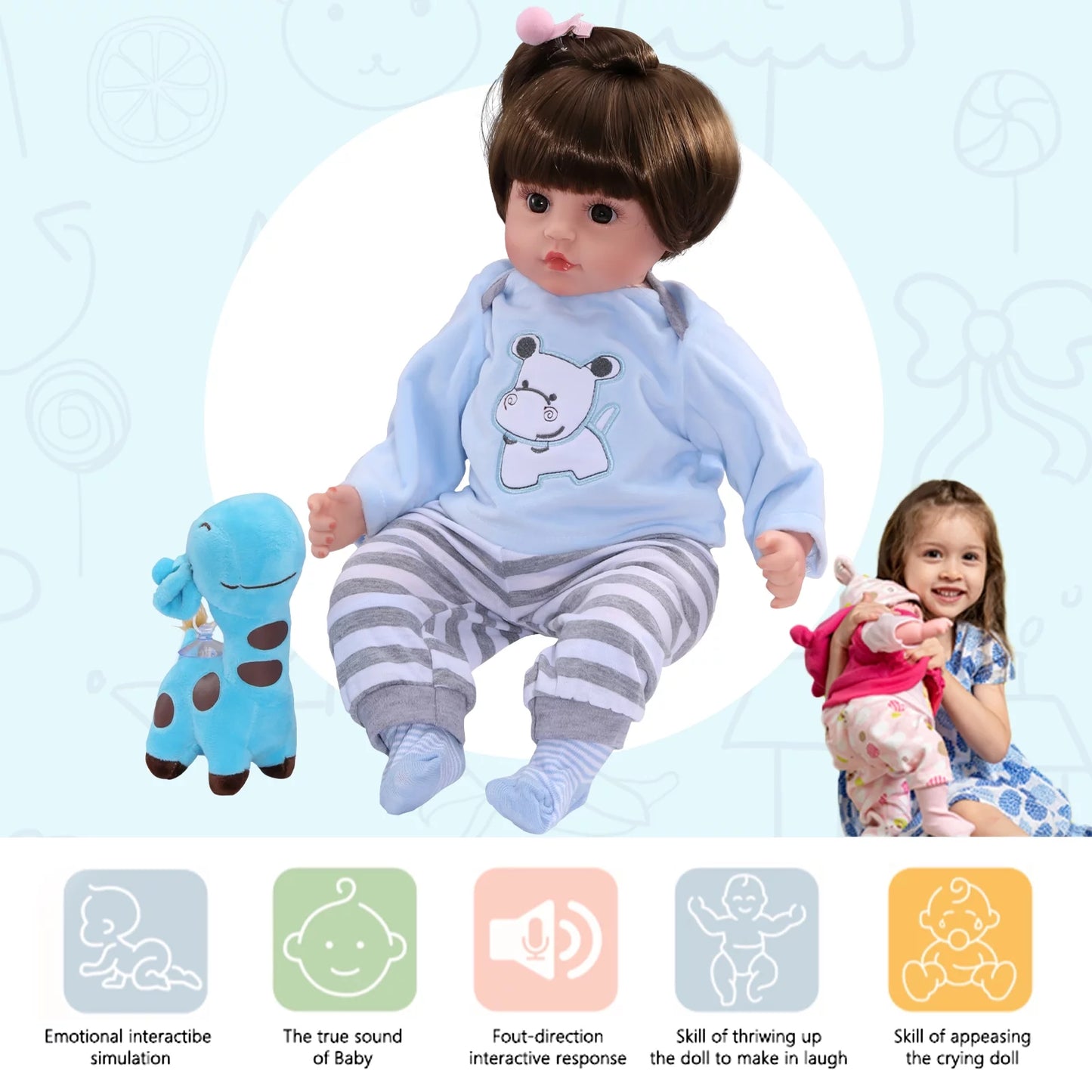 , 18 Inch Interactive Realistic Baby Doll Girl, Soft Newborn Girl Doll with 360°Movable Arms and Legs Accessories for Kids Age 3+, Blue