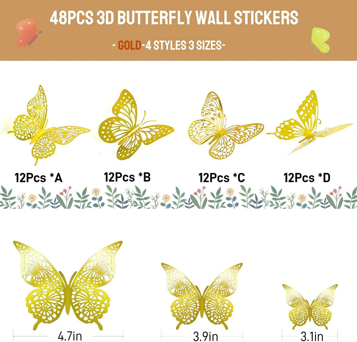 Butterfly Wall Stickers Decorations 3D Butterflies Decals for Girls Room Bedroom Nursery Decor Butterfly Birthday Party Decoration Wedding Cake Decorating 48Pcs (Gold)