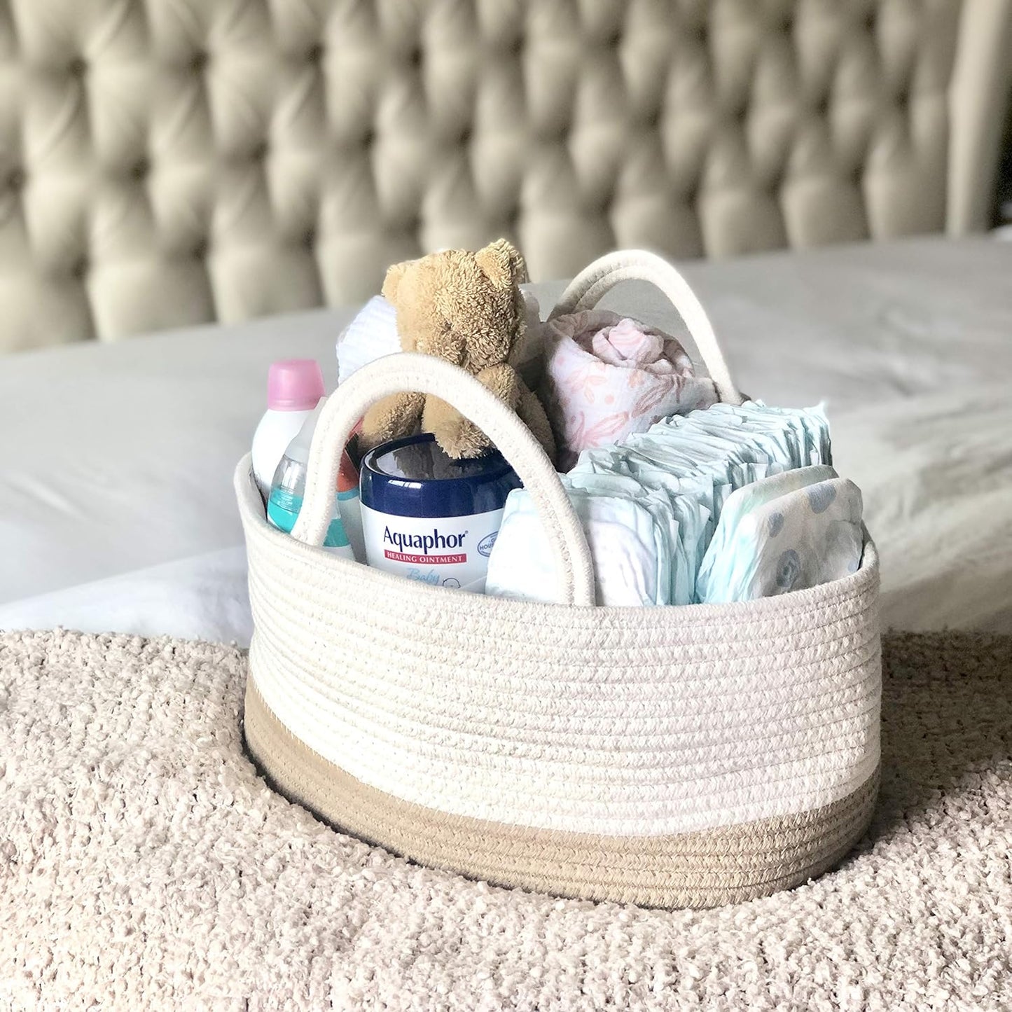 Baby Large Cotton Rope Diaper Caddy,Organizer Storage Bin for Nursery Essentials,100% Natural Cotton,Eco Friendly (White & Biege) 15.5X10X7 Inch (Pack of 1)