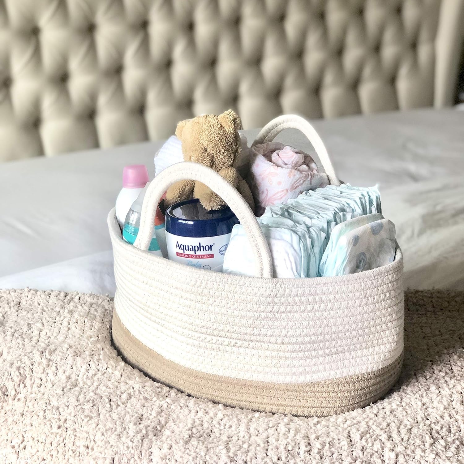 Baby Large Cotton Rope Diaper Caddy,Organizer Storage Bin for Nursery Essentials,100% Natural Cotton,Eco Friendly (White & Biege) 15.5X10X7 Inch (Pack of 1)