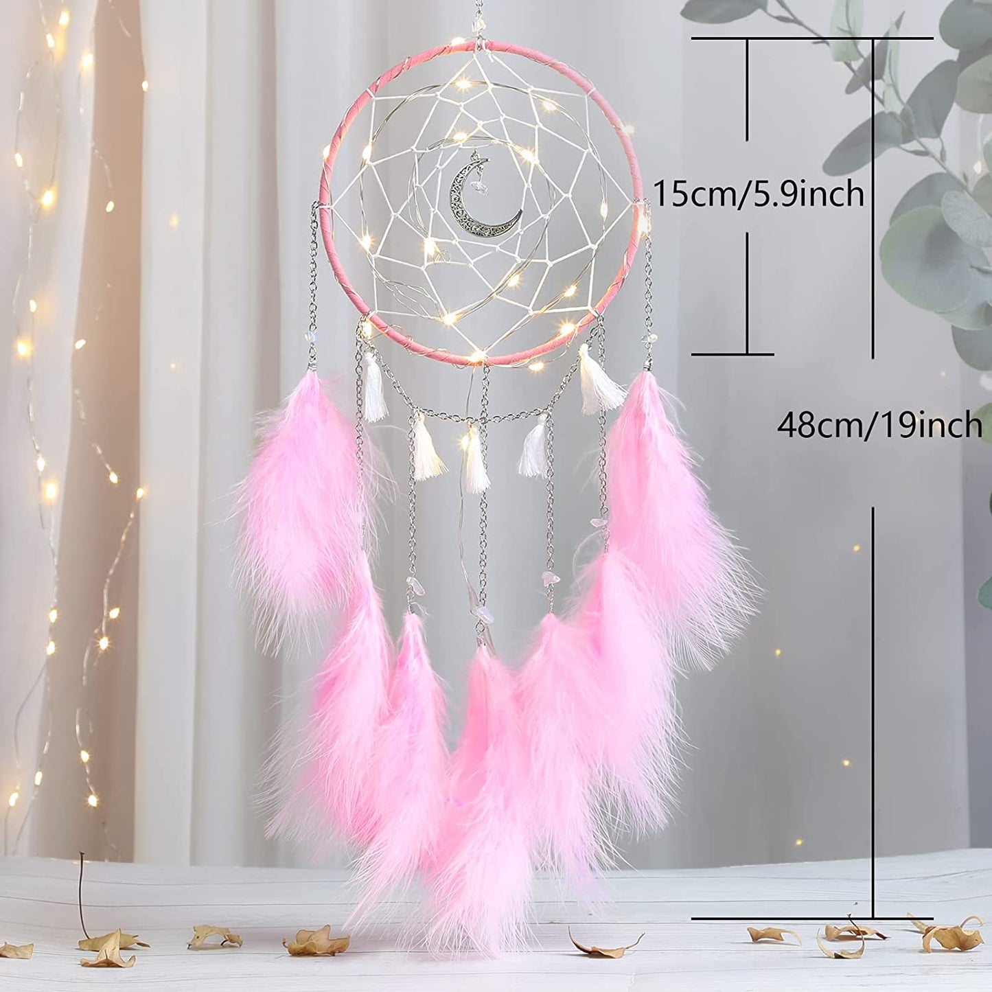 Pink Dream Catchers, Room Nursery Decor for Girls Boys, Handmade Feather Wall Decor with Lights, Home Ornaments Craft Gift for Bedroom