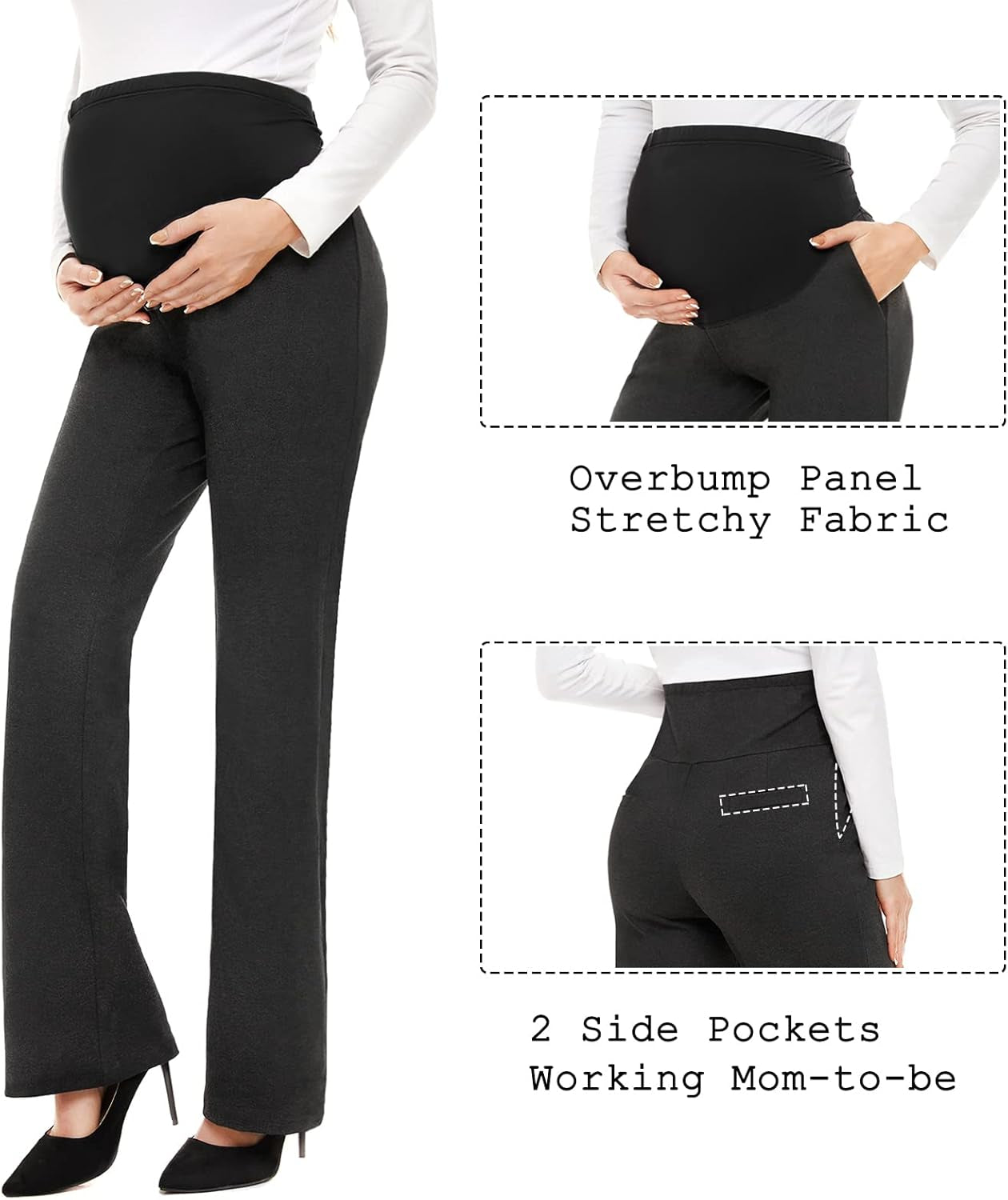 Women'S Maternity Pants 28" 30" 32" Bootcut Dress Pants with Pockets over Belly Pregnancy Work Pants Over-Bump Casual